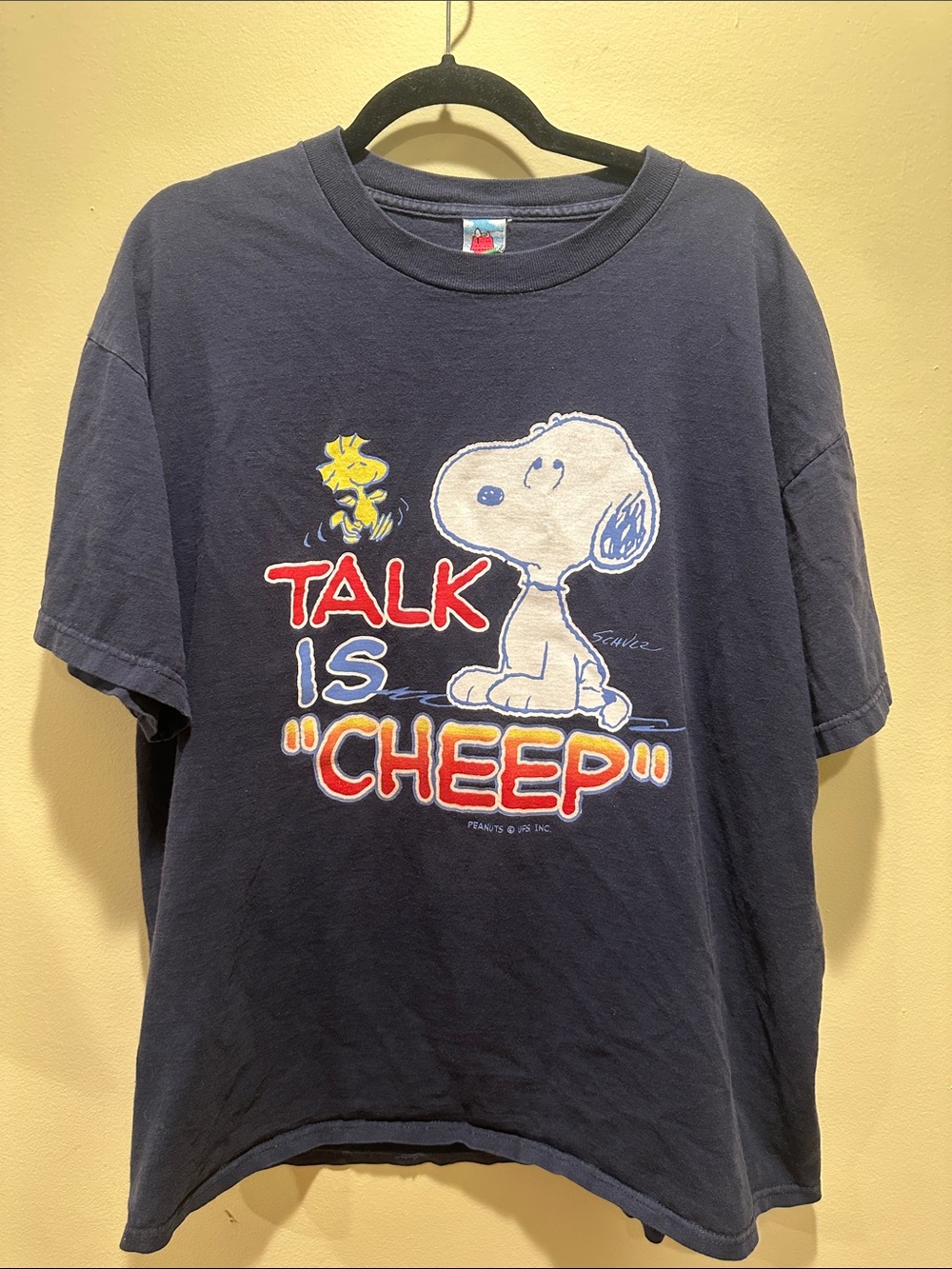 vintage oversized rare Peanuts Navy Tee with Red Snoopy Doghouse and Yellow Logo